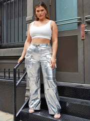  Metallic Button Fly High Rise Cargo Trousers