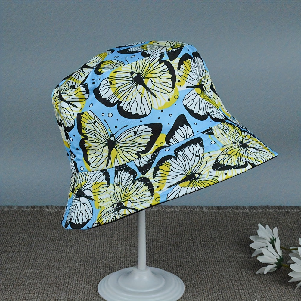Yellow Butterfly Print Bucket Hat Sun Protection Sunshade Hat