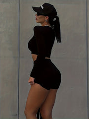 Casual 2pc Set Crew Neck Crop Top & Workout Shorts
