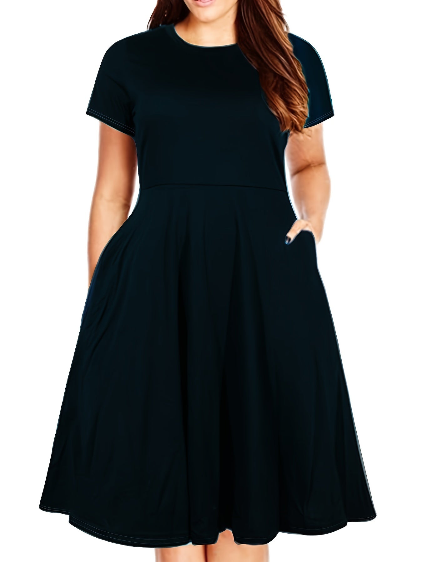  Solid Short Sleeve Midi Dress With Pocket Women's Plus