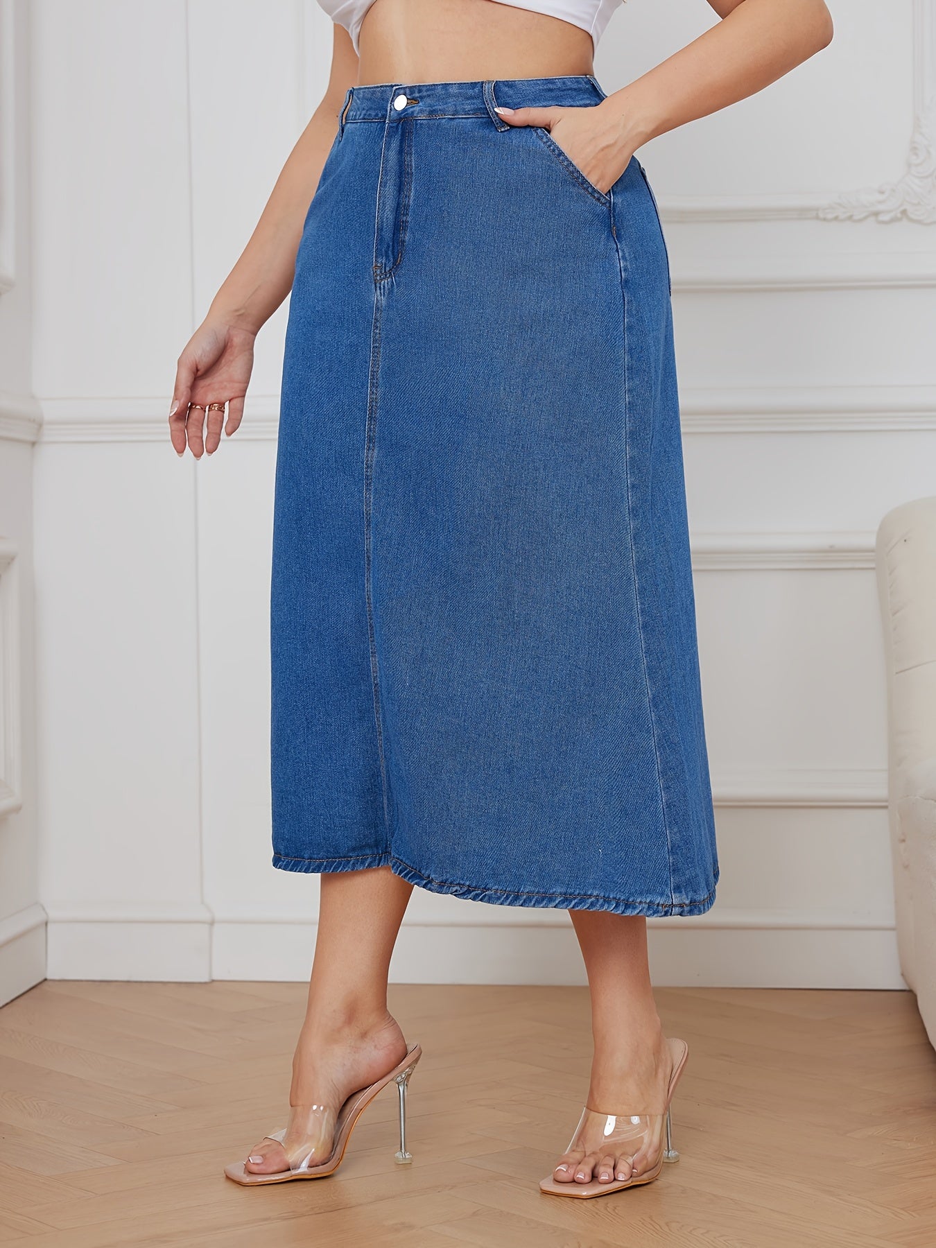 Women's Plus High Rise Maxi Denim Skirt, Button Fly, Casual Solid
