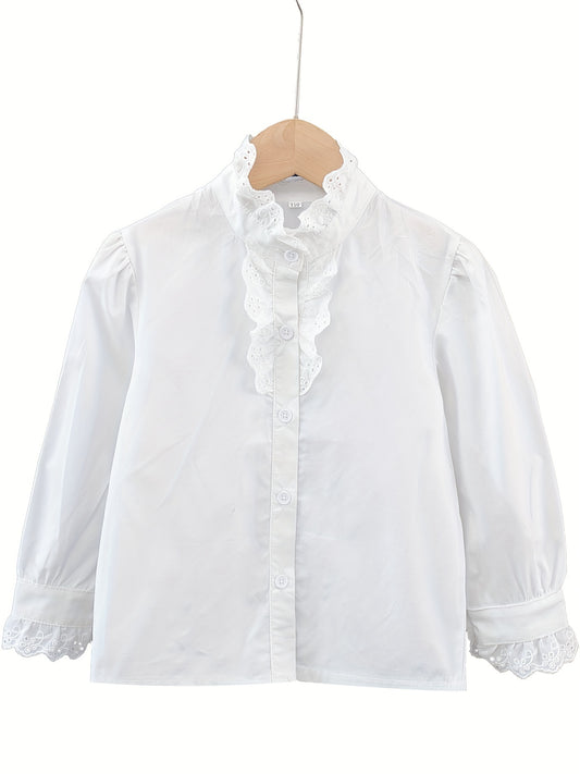 Girls Varsity Shirt Lace Ruffle Collar Long Sleeve Blouse