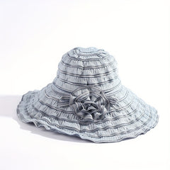 Pleated Sun Hat Flower Striped Bucket Hat Wide Brim