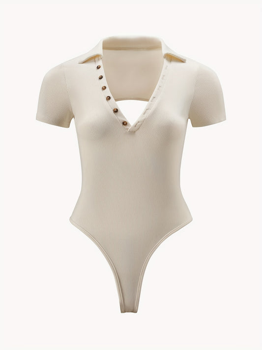 Solid Button V Neck Tie Bodysuit Sexy Short Sleeve Backless Bodysuit