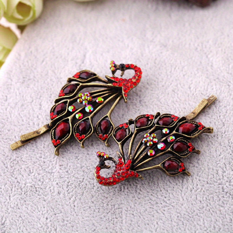 Vintage Peacock Hairpins Set Resin Rhinestones Retro Style Golden Hair Clip