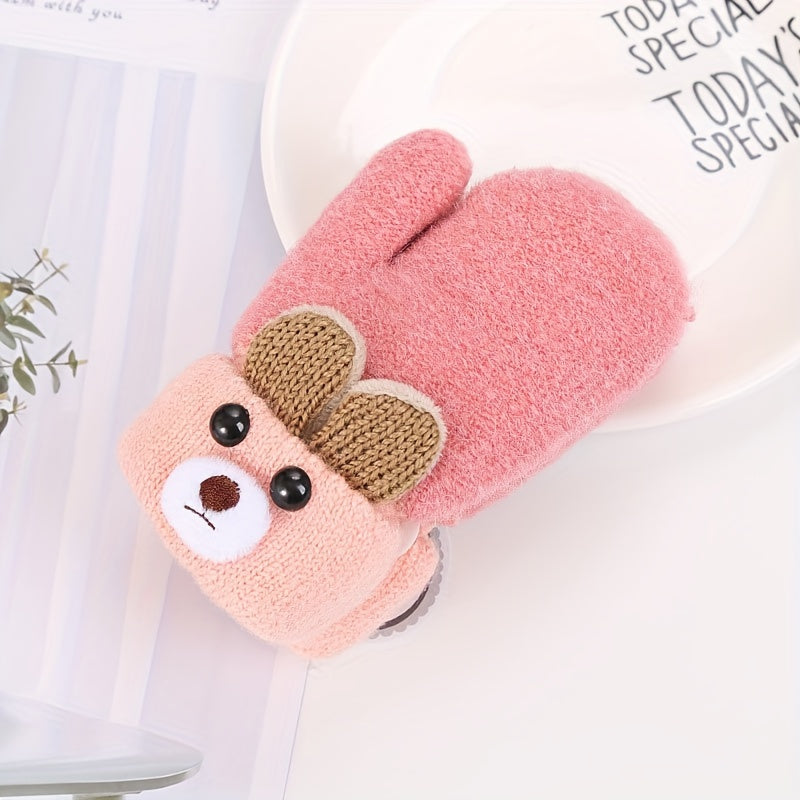 Bear Cartoon Gloves Kids Winter Knitted Double layered Thickened Gloves