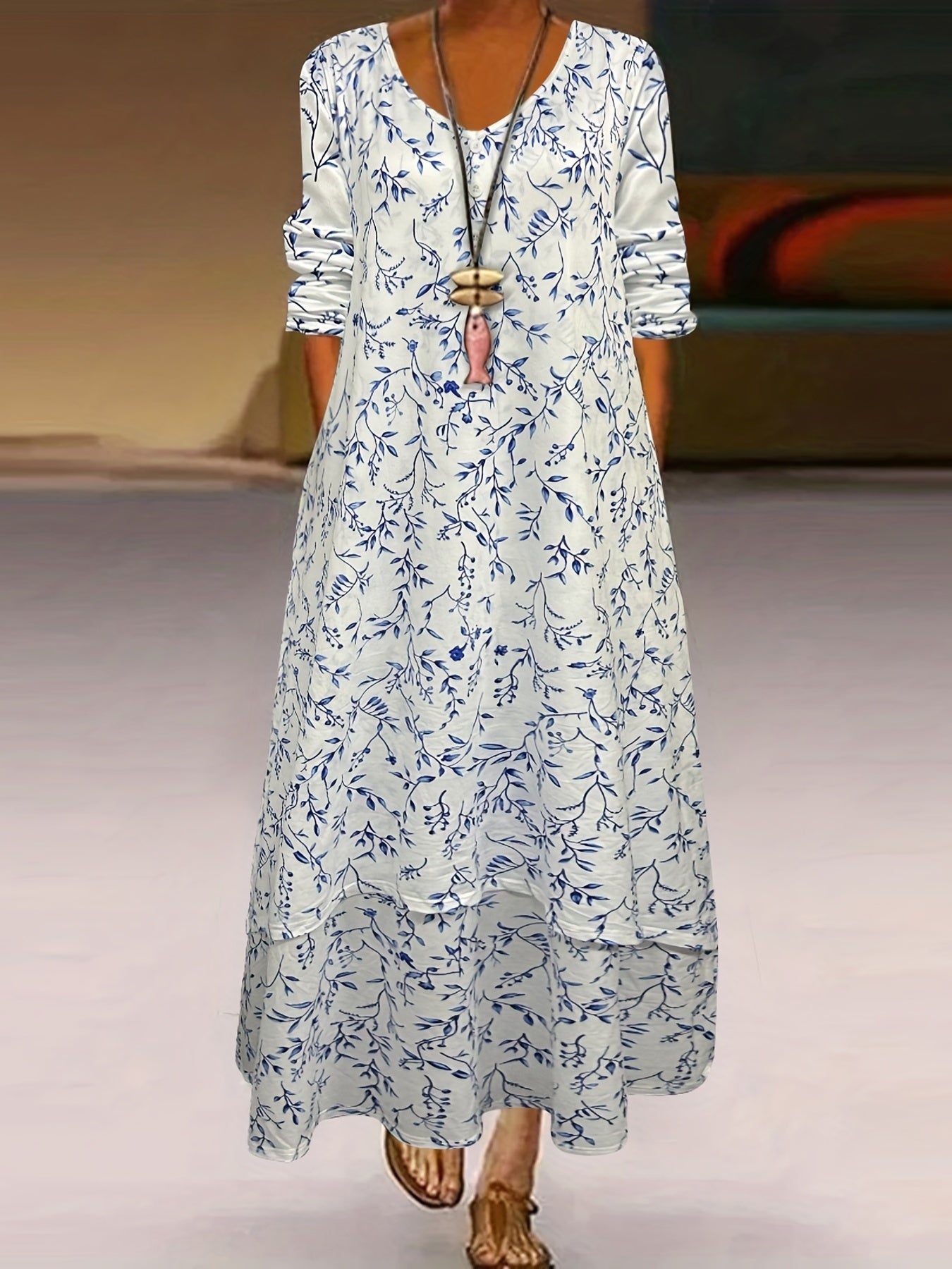 Floral Print Maxi Dress Plus Size Long Sleeve