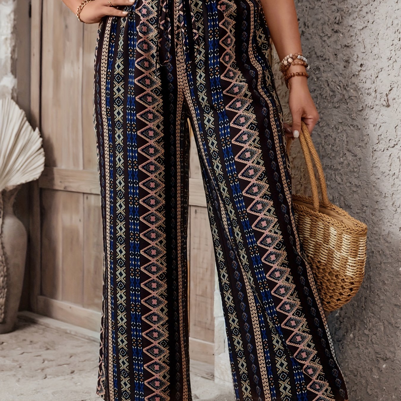  Colorblock Geometric Print Drawstring Pants