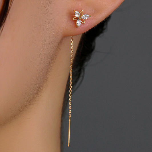Flower Shape Zircon Threader Earrings Long Chain Body Piercing Jewelry