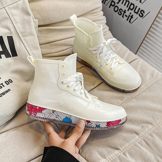 Women's Waterproof Rain Boots Lace Up High Boots