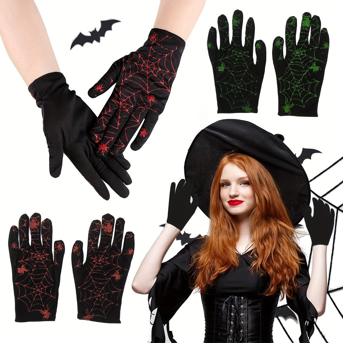 EXCEED Halloween Spider Web Patterned Gloves Unisex Full Finger Party Style Glov