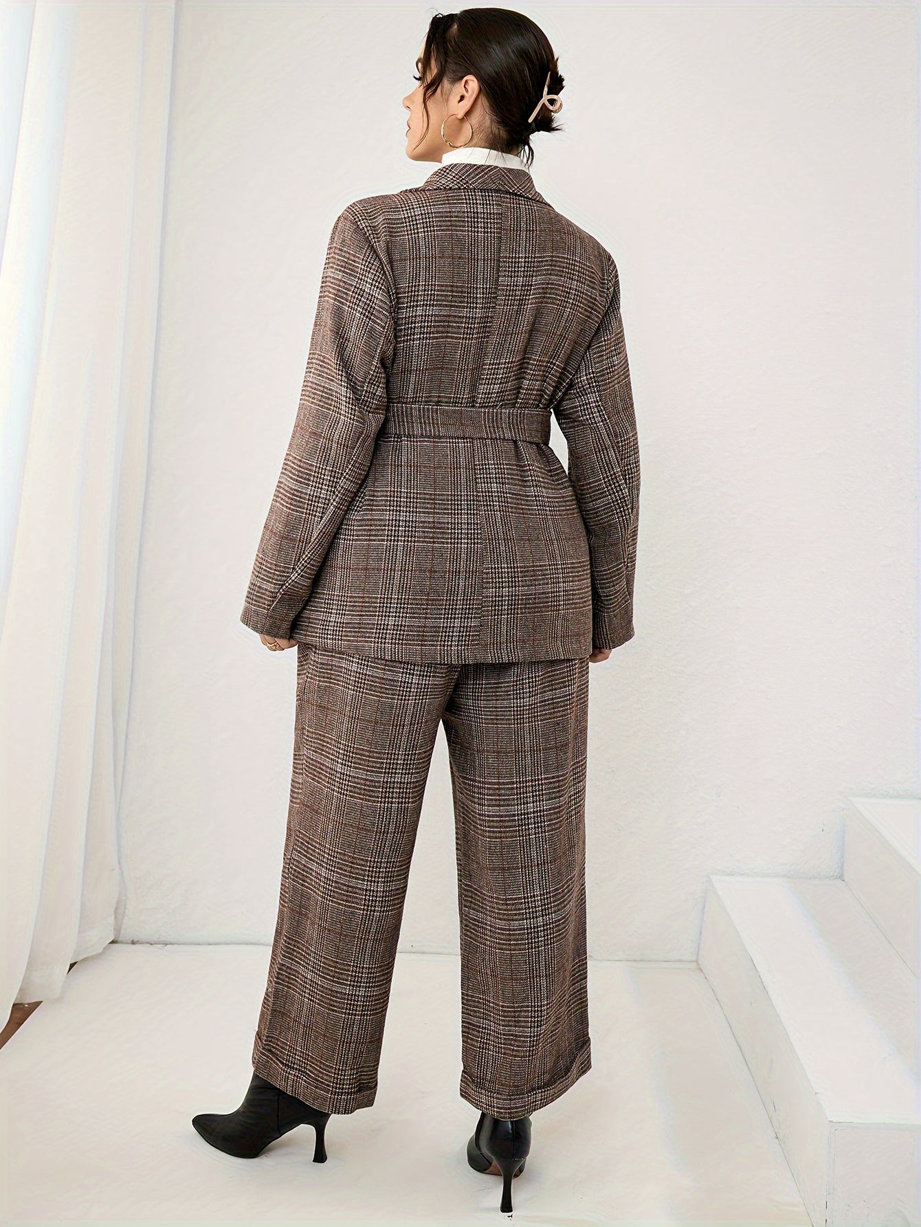  Plaid Print Blazer & Pants Set