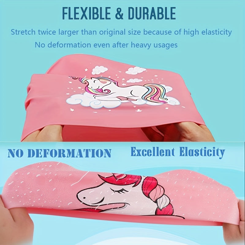Cartoon Rainbow Horse Swim Cap, Waterproof Silicone, Long Hair Girls & Boys