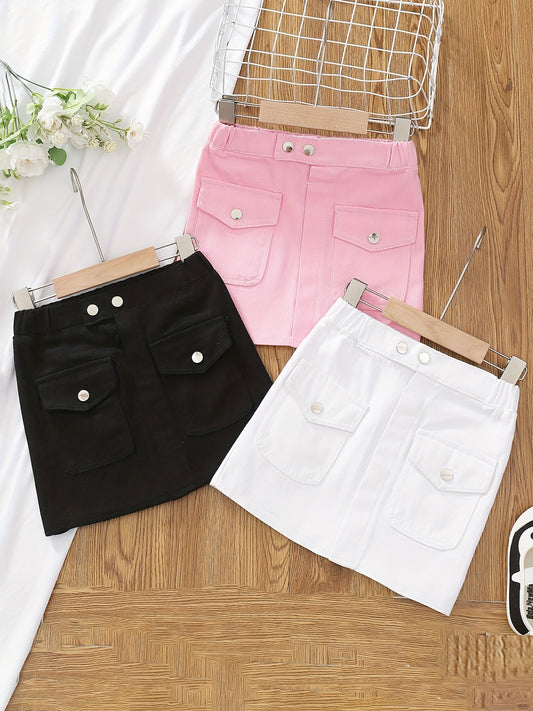 Girls' Button Pocket Short Denim Skirts Set - Casual & Stylish