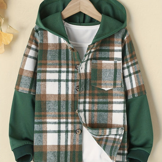 Boys Plaid Shirt Long Sleeve Button Down Hooded Top