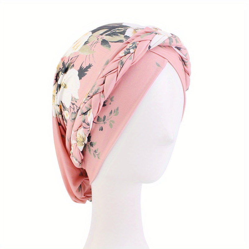 Flower Print Turban Cap Pre tied Braided Head Wrap Elastic Bonnet