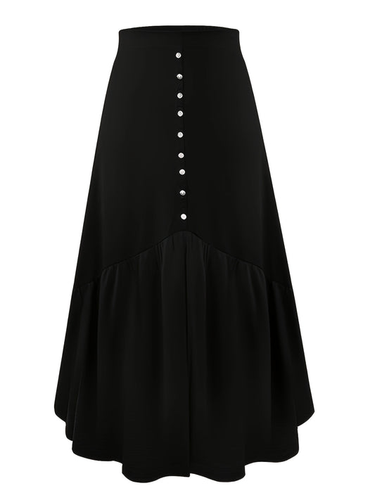 Velvet Maxi Skirt Plus Size Faux Pearl Button Elastic High Rise Stretch