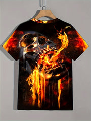 Burning Skull 3d Pattern Print Men's Short Sleeve T-shirt Graphic Tee