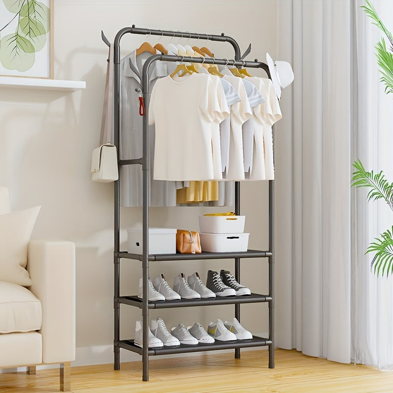 3-Layer Double Row Coat Rack with Shoe Rack & 4 Hooks