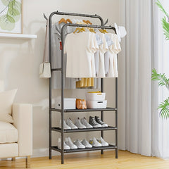 3-Layer Double Row Coat Rack with Shoe Rack & 4 Hooks