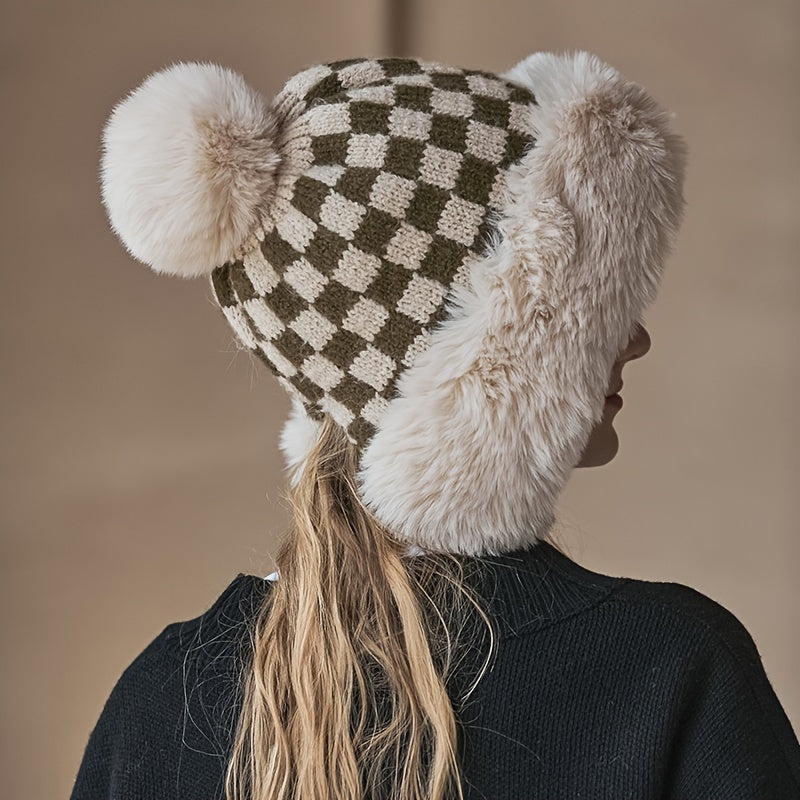 Fashionable Plaid Knit Plus Fur Ball Winter Hat