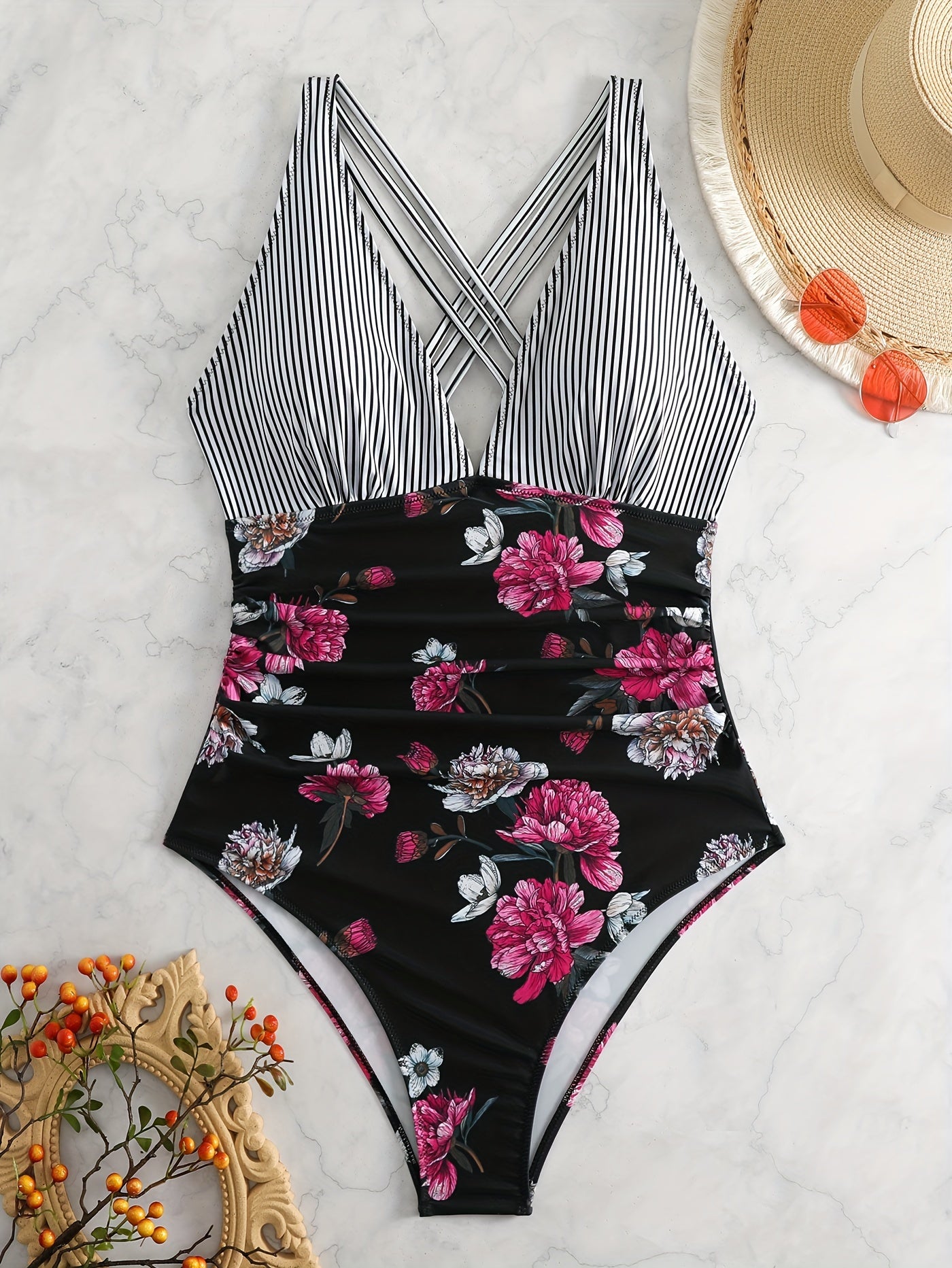  Striped & Floral Print V Neck One Piece Bathing Suit