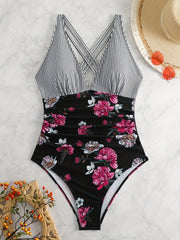  Striped & Floral Print V Neck One Piece Bathing Suit