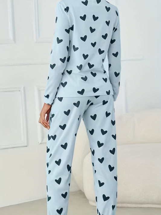 Heart Print Lounge Set Long Sleeve Top & Pants Women's Loungewear