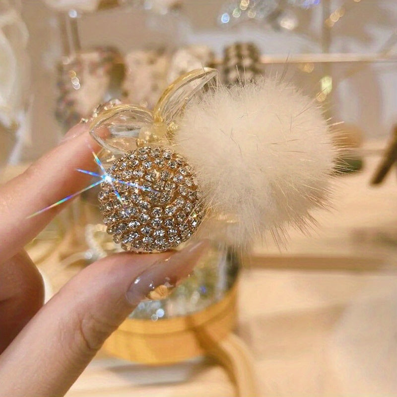 Pom Pom Rhinestone Cherry Hair Claw Clip Small Non Slip Strong Hold Grip