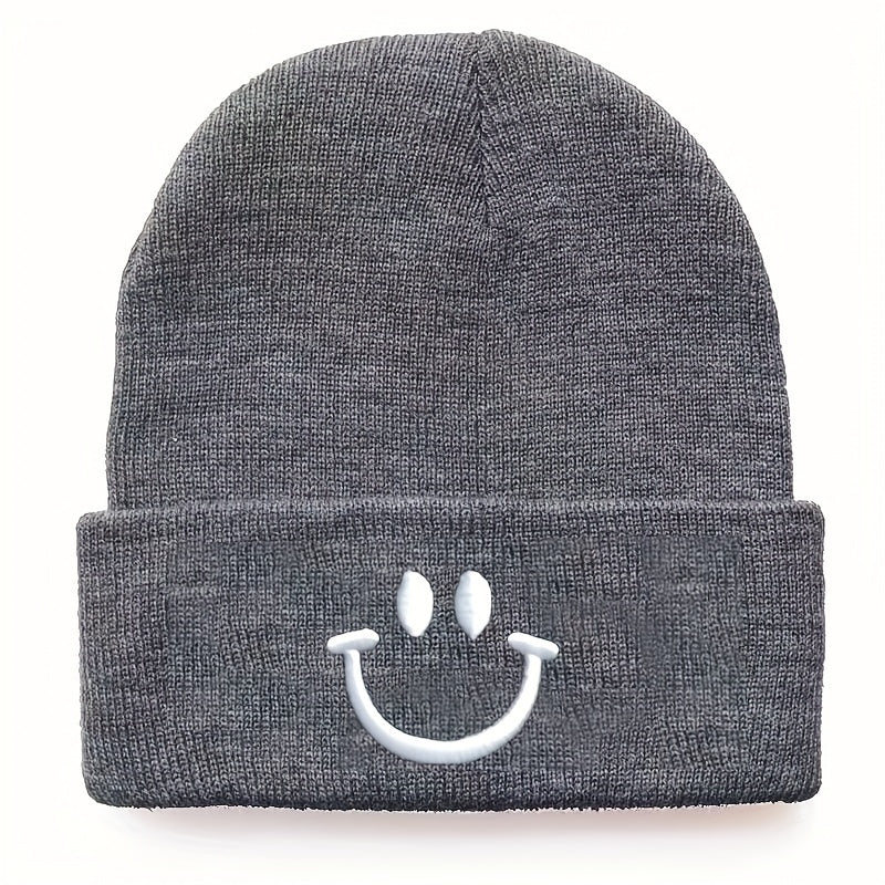 Knitted Hat with Happy Face Embroidery for Men and Women