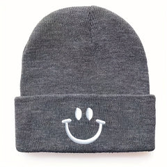 Knitted Hat with Happy Face Embroidery for Men and Women