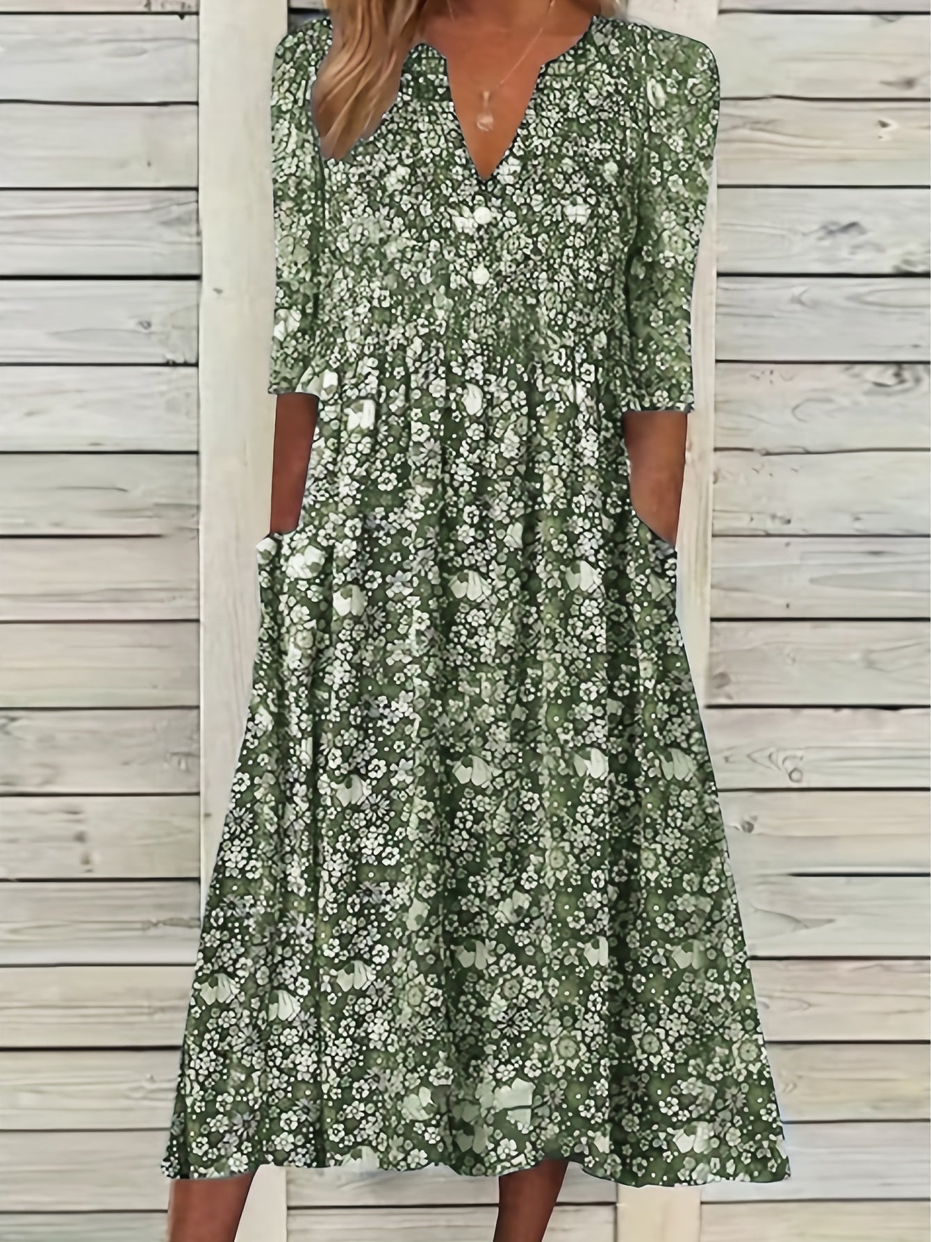 Floral Print V Neck Ruched Dress with Pockets