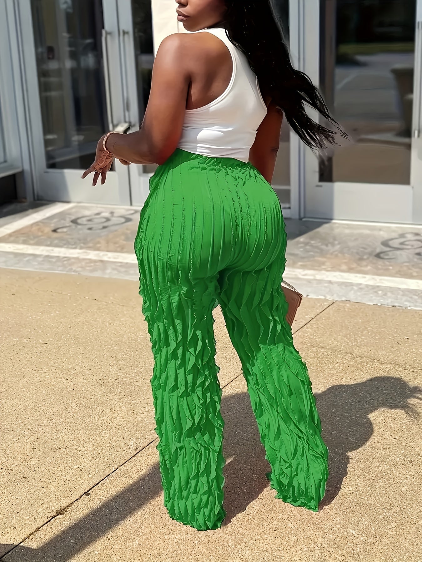  Solid High Rise Wide Leg Ruffle Trim Pants
