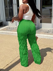  Solid High Rise Wide Leg Ruffle Trim Pants