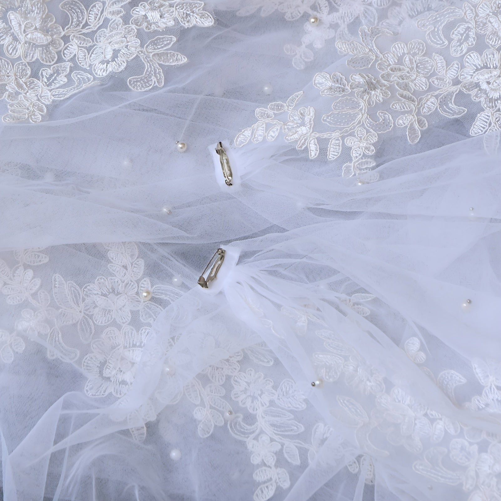 Glamorous Bridal Cape Veil with Pearl Beading and Floral Lace 2m Long Train