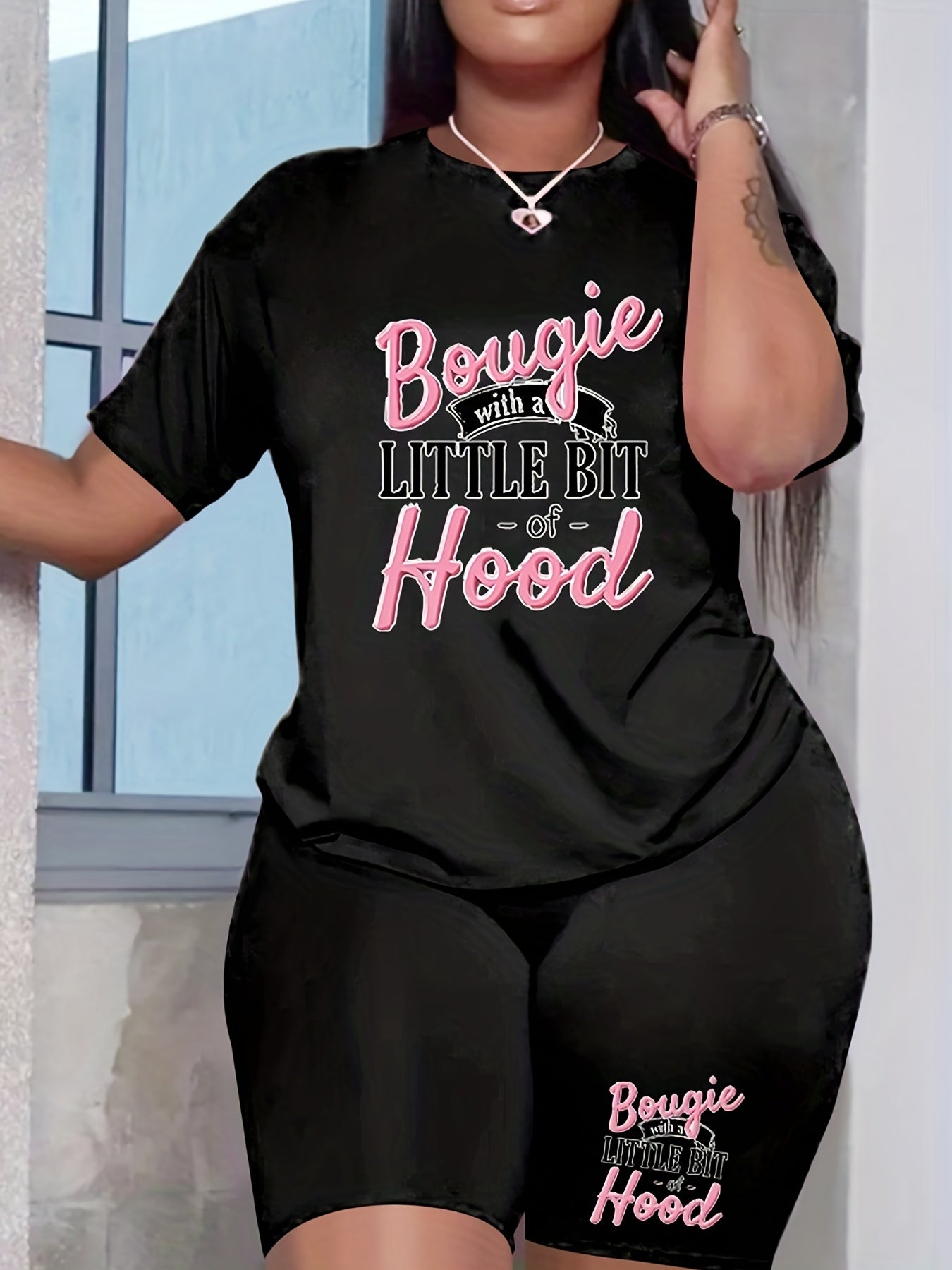 Women's Plus Slogan Print Crop Top & Shorts Set