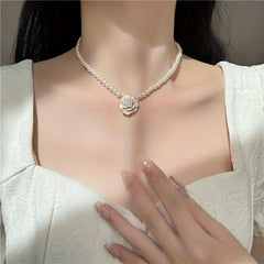 Camellia & Faux Pearl Necklace Female Clavicle Summer Accessories