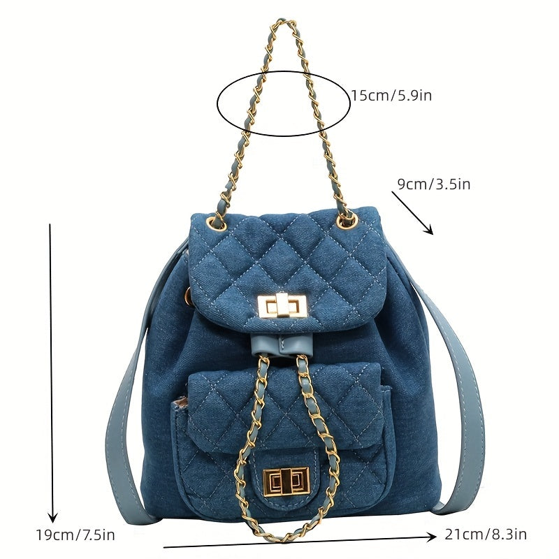 Minimalist Denim Backpack Solid Turn Lock Chain Daypack