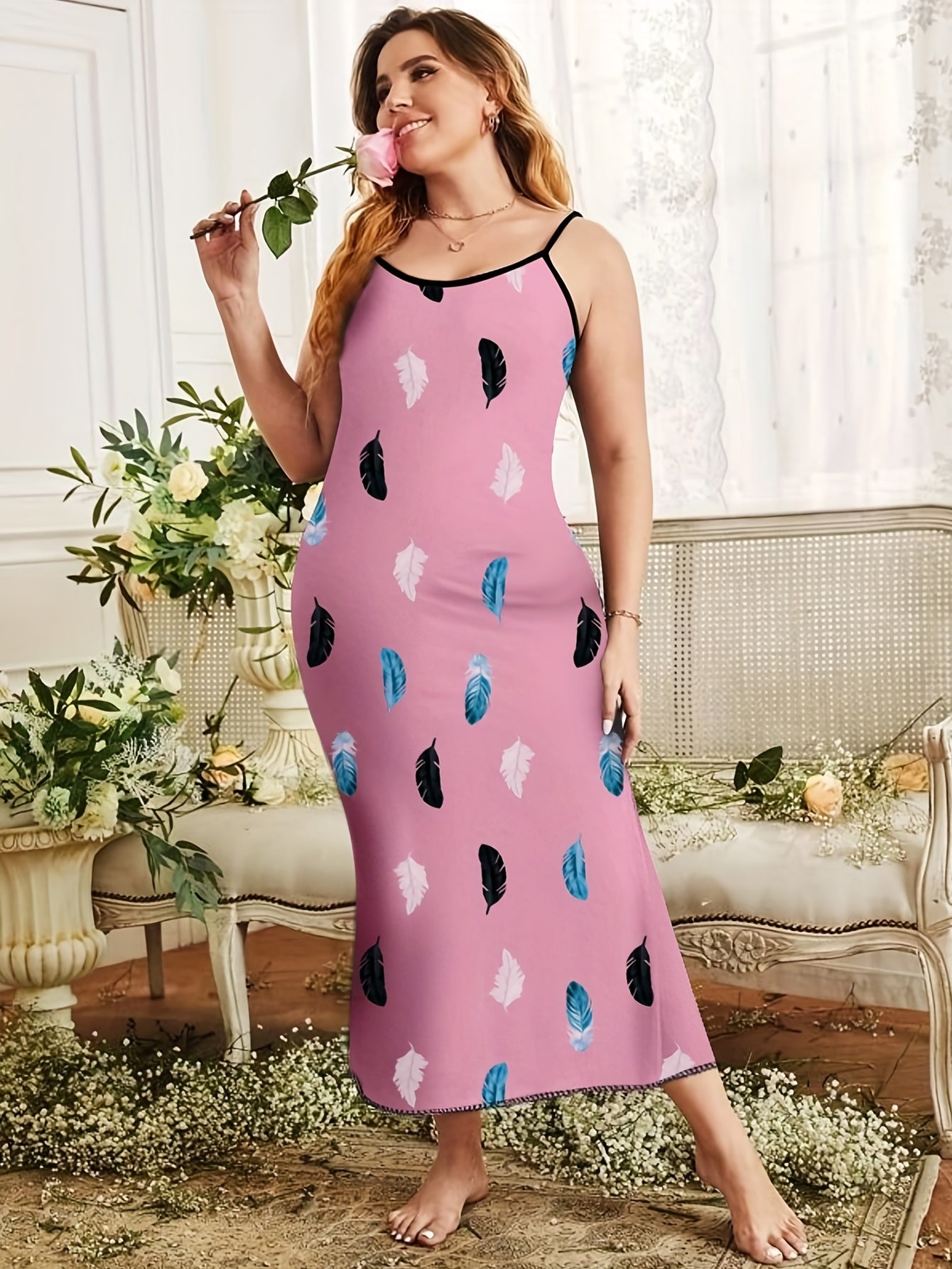 Women's Plus Feather Print Nightdress Round Neck Cami Sleep Dress
