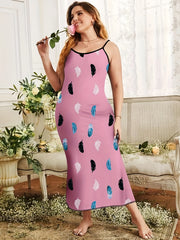 Women's Plus Feather Print Nightdress Round Neck Cami Sleep Dress