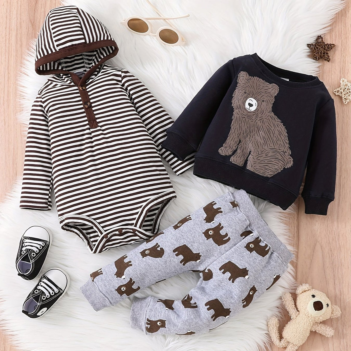 3pcs Boys Bear Print Bodysuit & Sweatshirt & Pants Set for Fall Winter