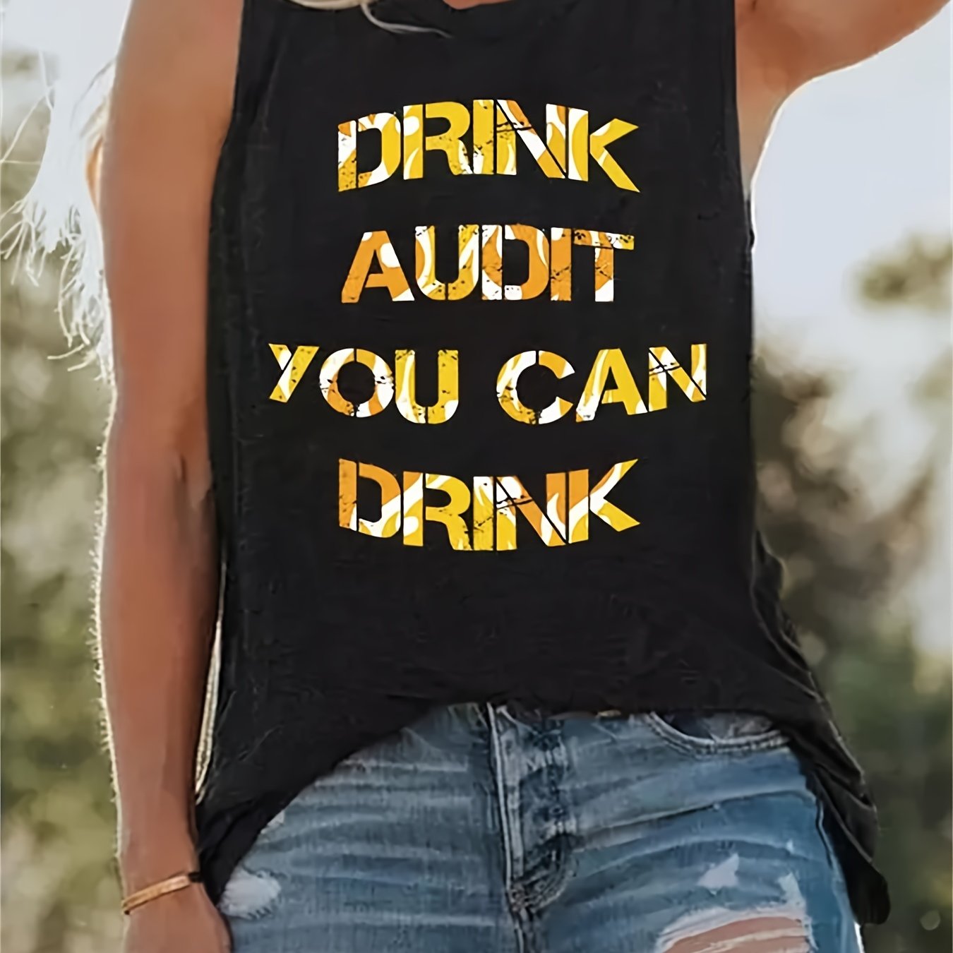 Drink Letter Print Tank Top Summer Sleeveless Crew Neck Casual