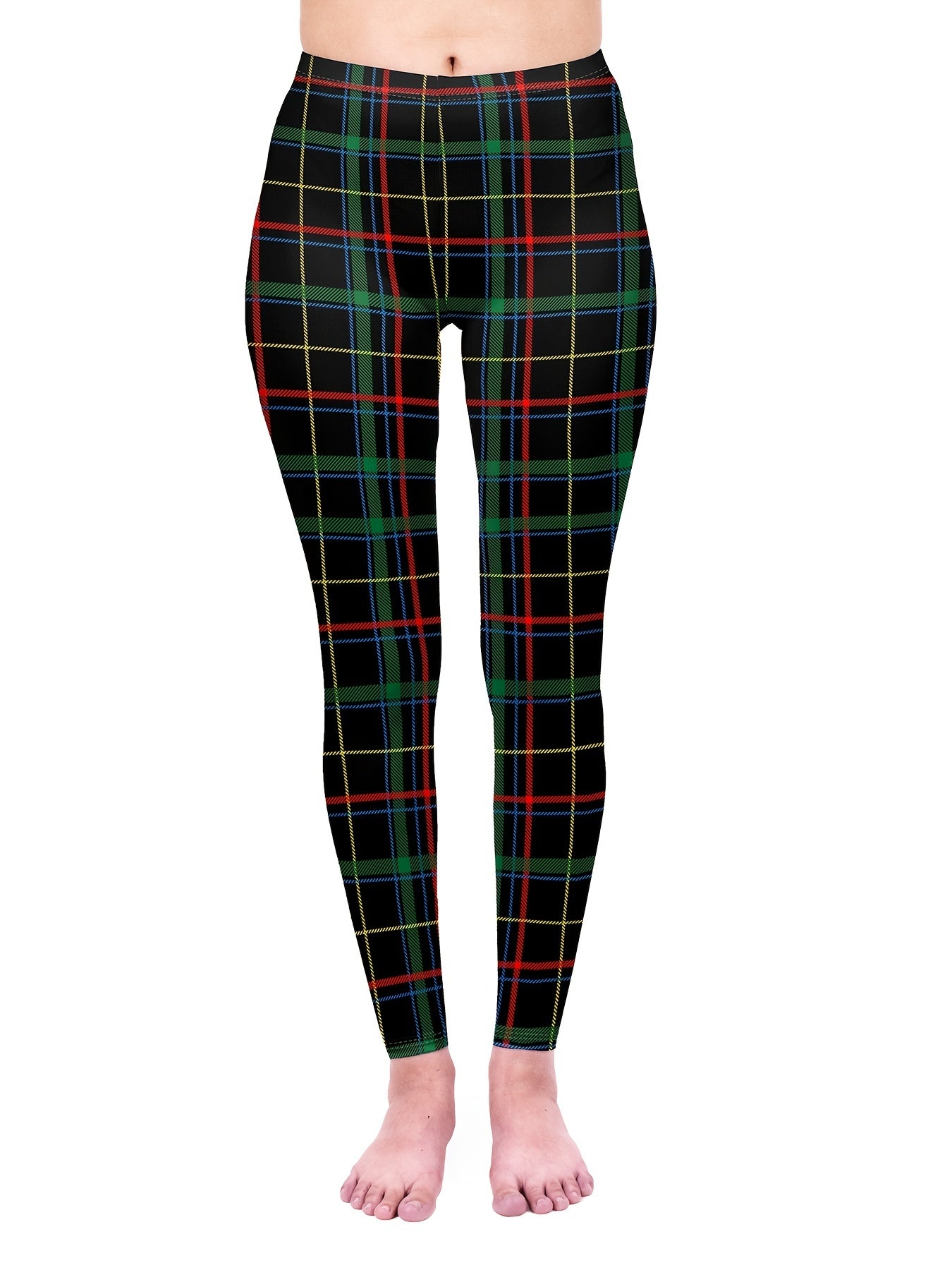 Plaid Print Stretchy Long Leggings High Waist Comfy Women's Clothing