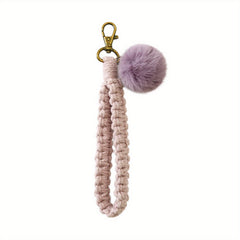 Boho Keychain Fur Ball Wrist Lanyard for Keys Macrame Wristlet Keychain Girls