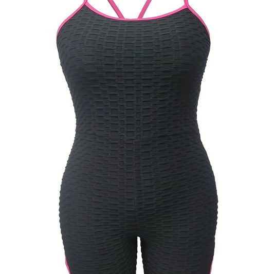  Sports Cami Romper Women's Plus Contrast Trim Honeycomb Textured Lace