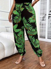 Boho Pants Women's Plus Tropical Print Drawstring Elastic