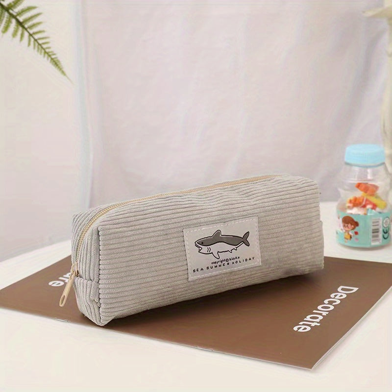 Shark Corduroy Pencil Case Large Capacity Makeup Bag