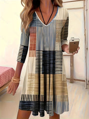  Patchwork Print Long Sleeve V Neck Mini Dress