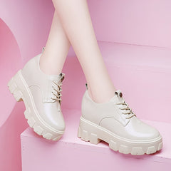 Women's Chunky Heel Lace Up Oxfords Solid Comfortable Round Toe Shoes