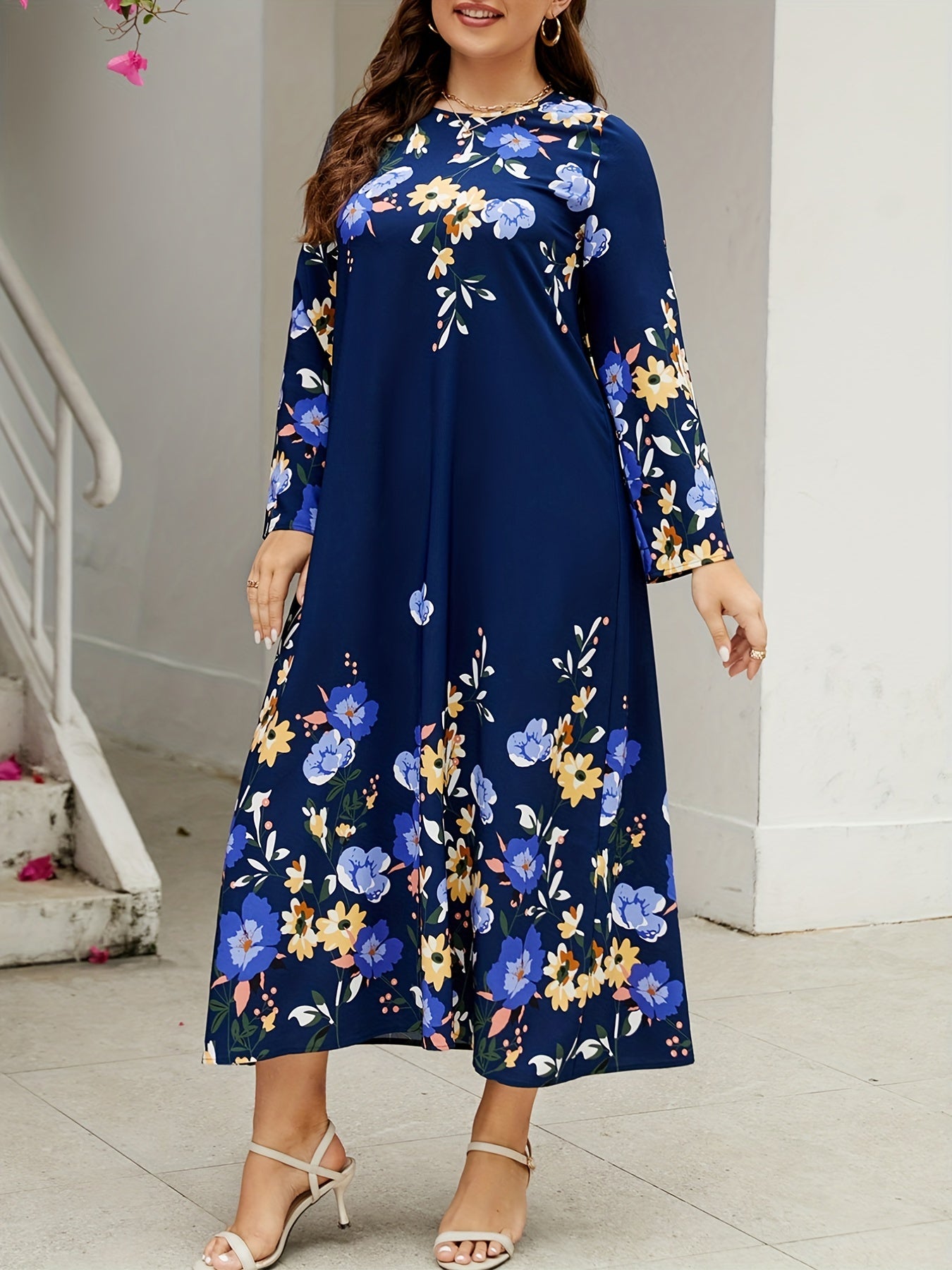  Floral Print Long Sleeve Maxi Dress